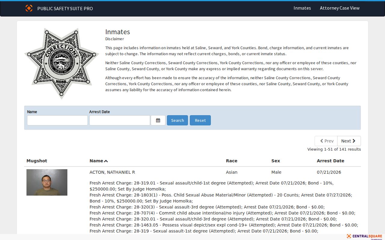 Seward County arrest history combined regional inmate search