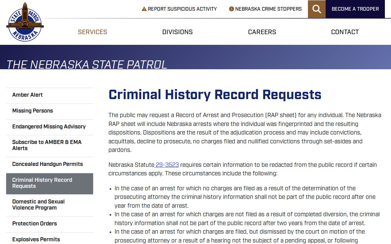 Nebraska State Patrol criminal history request for Seward County records