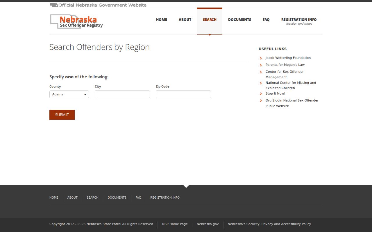 Seward County sex offender registry region search fields